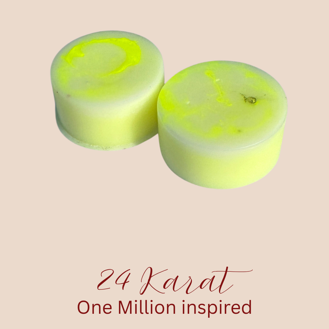 Two round pale yellow-green wax melts with bright yellow-green swirls, shown on a light beige background with the text '24 Karat One Million inspired' below.