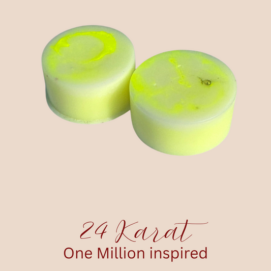 Two round pale yellow-green wax melts with bright yellow-green swirls, shown on a light beige background with the text '24 Karat One Million inspired' below.