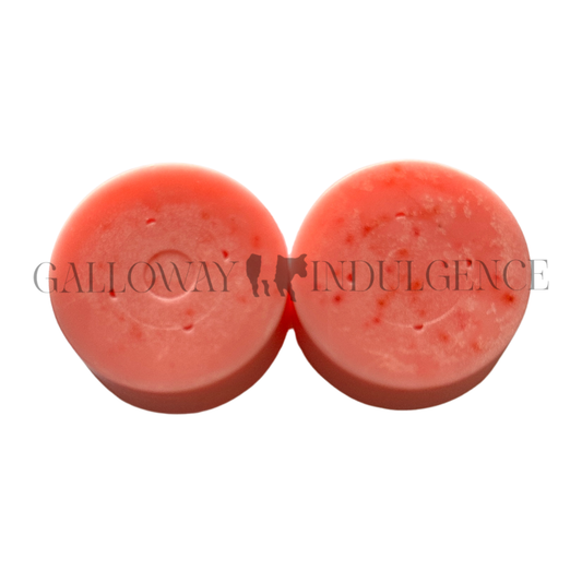 Two pink wax melts with 'Galloway Indulgence' branding on a white background.
Strong Australian hand made wax melts