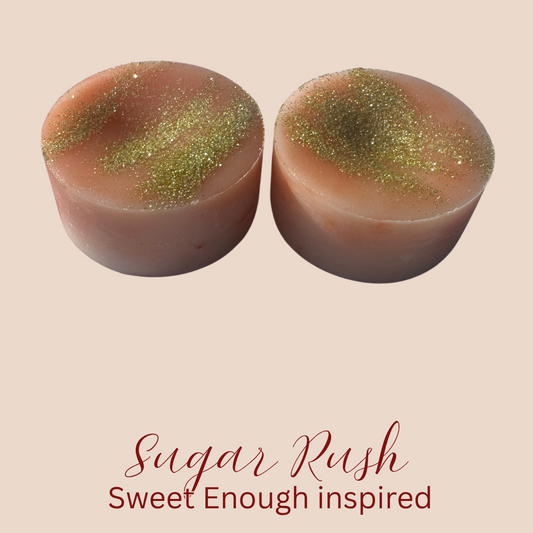 Caramel coloured wax melts decorated in biodegradable glitter.